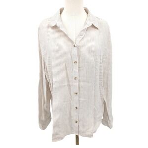 Chico's‎ No Iron Linen Shirt Size 3 (XL/16) Beige Stripe Coastal Classic